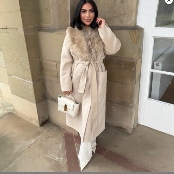 Zara Women $229 Beige FAUX FUR Collar WOOL BLEND COAT Pockets Cream 7522/262 M L